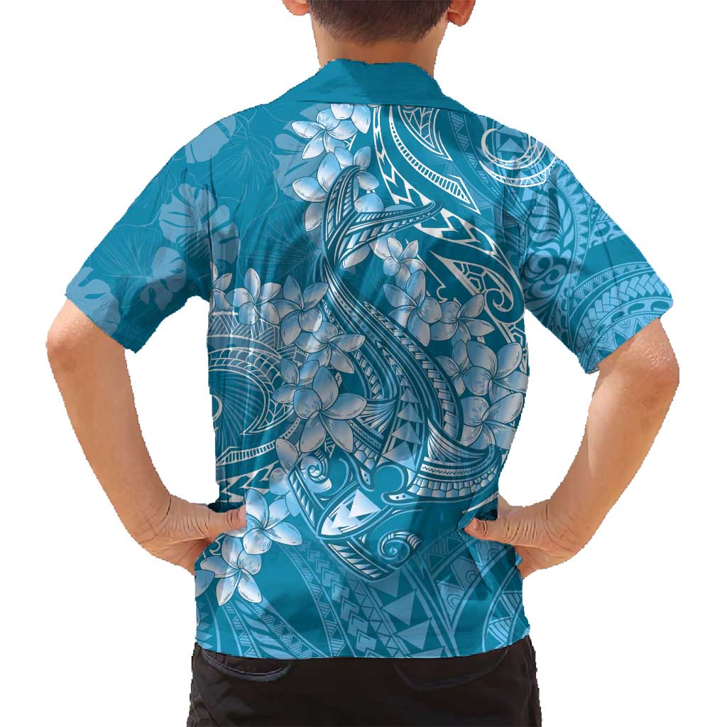 Blue Polynesia Hammerhead Shark Tattoo With Plumeria Lei Family Matching Off Shoulder Maxi Dress and Hawaiian Shirt