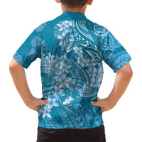 Blue Polynesia Hammerhead Shark Tattoo With Plumeria Lei Family Matching Off Shoulder Short Dress and Hawaiian Shirt