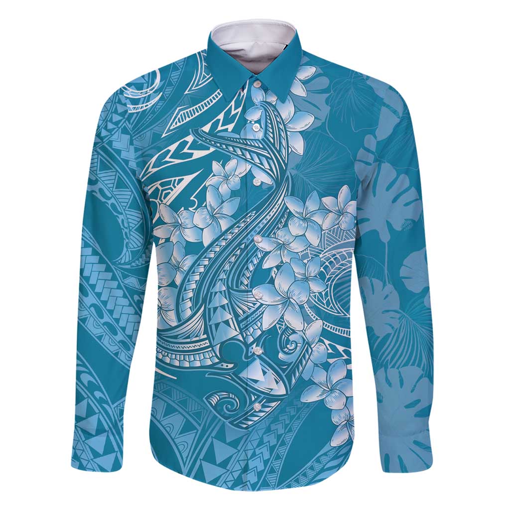 Blue Polynesia Hammerhead Shark Tattoo With Plumeria Lei Family Matching Off Shoulder Short Dress and Hawaiian Shirt