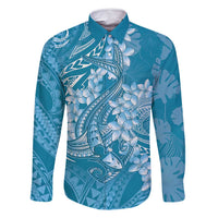 Blue Polynesia Hammerhead Shark Tattoo With Plumeria Lei Family Matching Off Shoulder Short Dress and Hawaiian Shirt