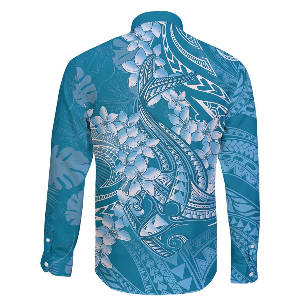 Blue Polynesia Hammerhead Shark Tattoo With Plumeria Lei Family Matching Off Shoulder Short Dress and Hawaiian Shirt