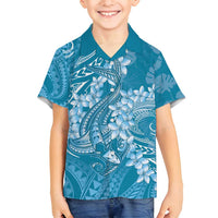 Blue Polynesia Hammerhead Shark Tattoo With Plumeria Lei Family Matching Off Shoulder Short Dress and Hawaiian Shirt
