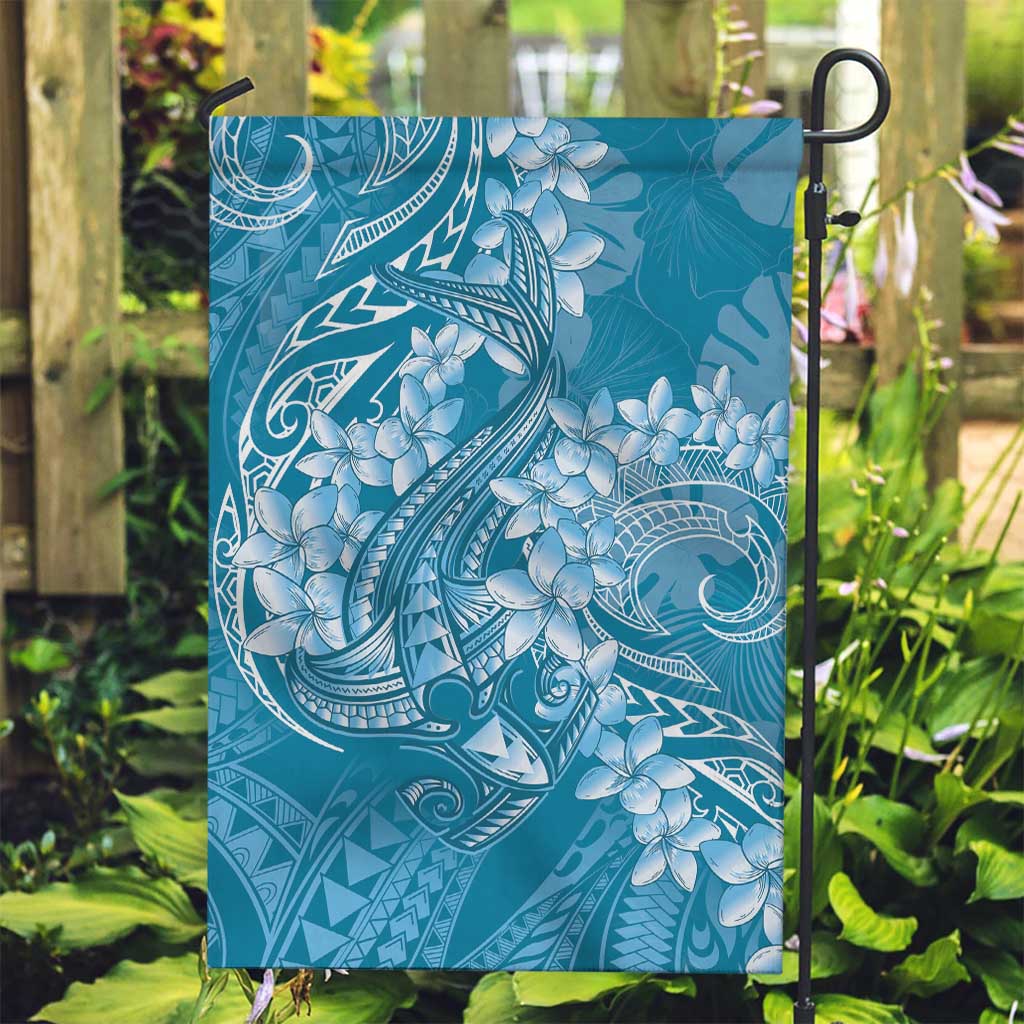 Blue Polynesia Hammerhead Shark Tattoo With Plumeria Lei Garden Flag
