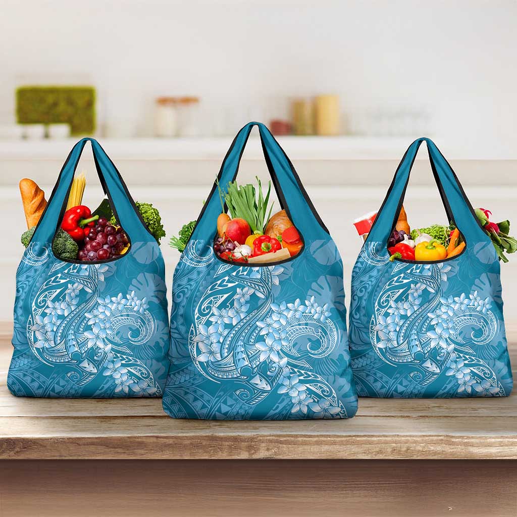 Blue Polynesia Hammerhead Shark Tattoo With Plumeria Lei Grocery Bag LT14 3-pack One Size Blue - Polynesian Pride