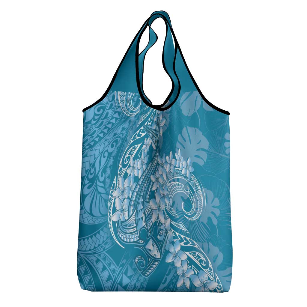 Blue Polynesia Hammerhead Shark Tattoo With Plumeria Lei Grocery Bag LT14 - Polynesian Pride