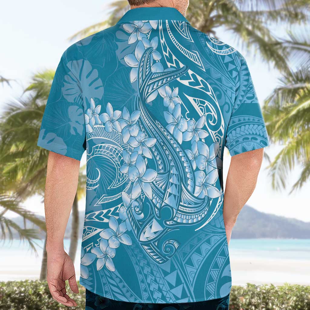Blue Polynesia Hammerhead Shark Tattoo With Plumeria Lei Hawaiian Shirt LT14 - Polynesian Pride