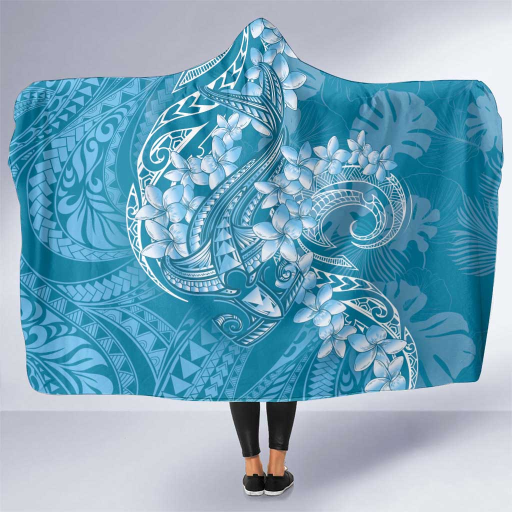 Blue Polynesia Hammerhead Shark Tattoo With Plumeria Lei Hooded Blanket LT14 One Size Blue - Polynesian Pride