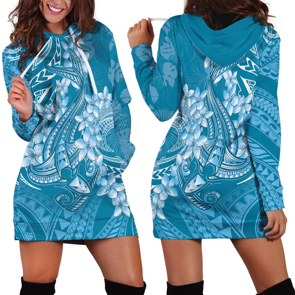 Blue Polynesia Hammerhead Shark Tattoo With Plumeria Lei Hoodie Dress