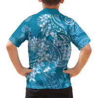 Blue Polynesia Hammerhead Shark Tattoo With Plumeria Lei Kid Hawaiian Shirt LT14 - Polynesian Pride