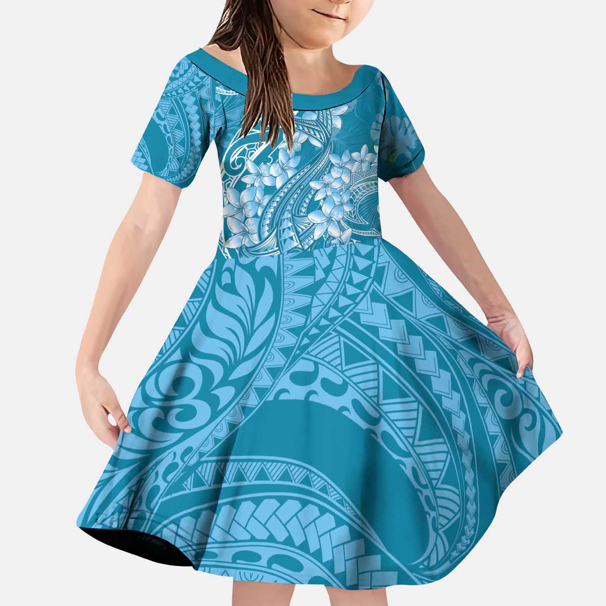 Blue Polynesia Hammerhead Shark Tattoo With Plumeria Lei Kid Short Sleeve Dress LT14 KID Blue - Polynesian Pride