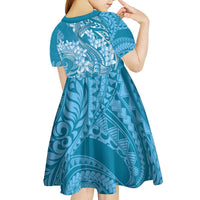 Blue Polynesia Hammerhead Shark Tattoo With Plumeria Lei Kid Short Sleeve Dress LT14 - Polynesian Pride