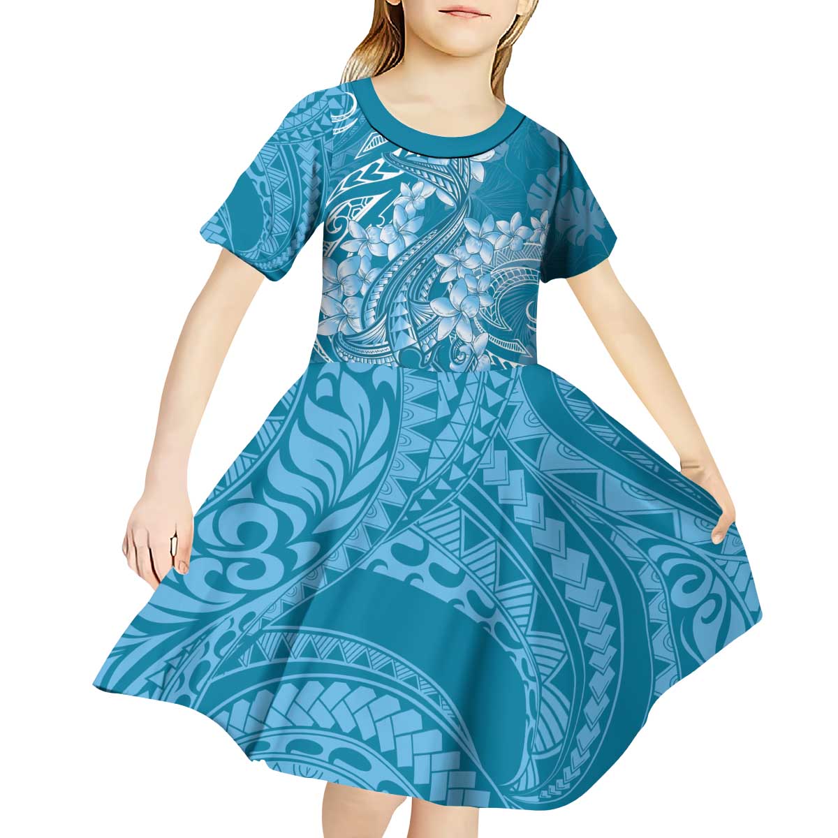 Blue Polynesia Hammerhead Shark Tattoo With Plumeria Lei Kid Short Sleeve Dress LT14 - Polynesian Pride