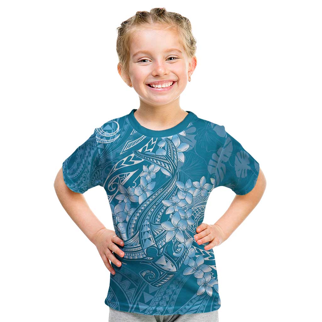 Blue Polynesia Hammerhead Shark Tattoo With Plumeria Lei Kid T Shirt