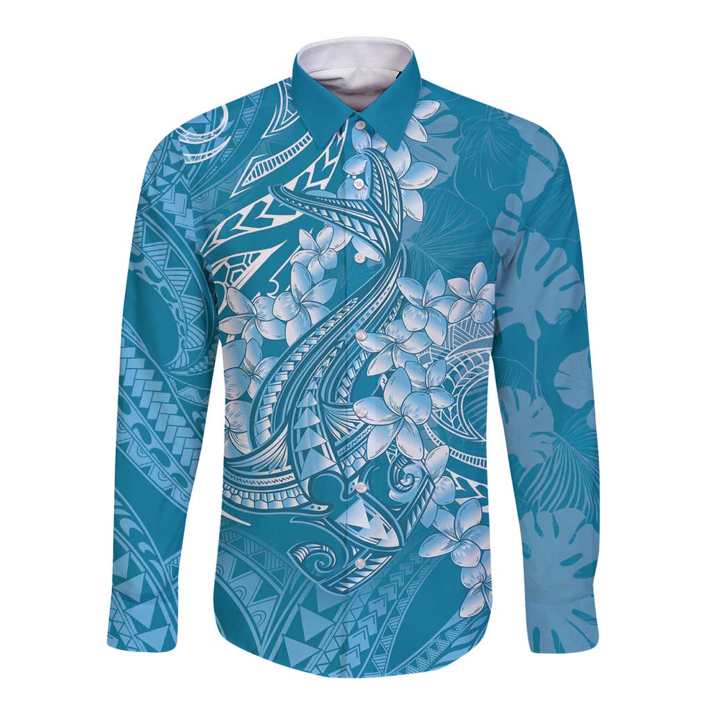 Blue Polynesia Hammerhead Shark Tattoo With Plumeria Lei Long Sleeve Button Shirt LT14 Unisex Blue - Polynesian Pride