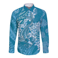 Blue Polynesia Hammerhead Shark Tattoo With Plumeria Lei Long Sleeve Button Shirt LT14 Unisex Blue - Polynesian Pride