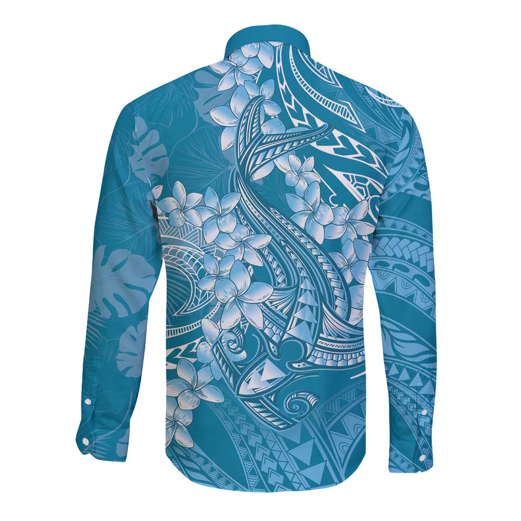 Blue Polynesia Hammerhead Shark Tattoo With Plumeria Lei Long Sleeve Button Shirt LT14 - Polynesian Pride