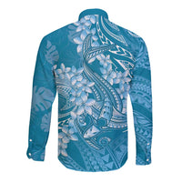 Blue Polynesia Hammerhead Shark Tattoo With Plumeria Lei Long Sleeve Button Shirt LT14 - Polynesian Pride