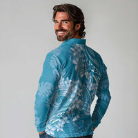 Blue Polynesia Hammerhead Shark Tattoo With Plumeria Lei Long Sleeve Polo Shirt