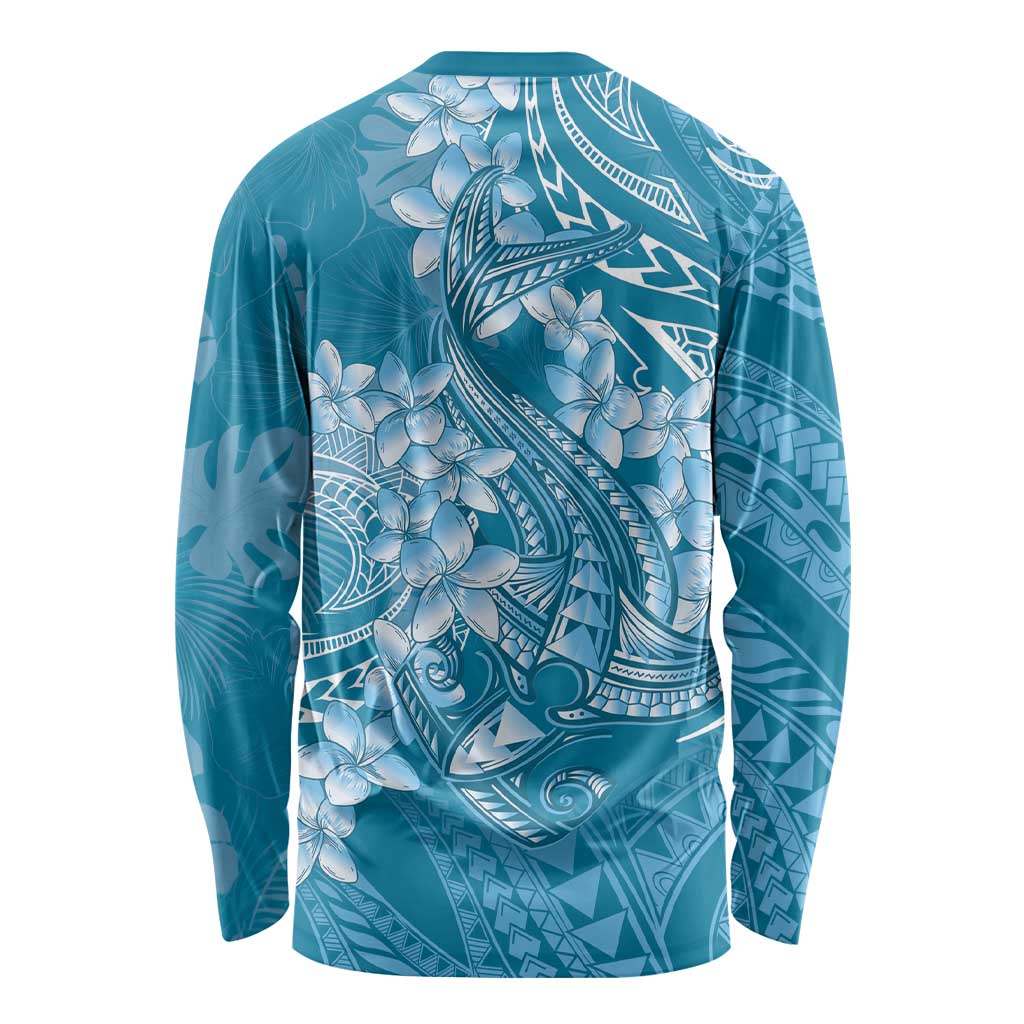 Blue Polynesia Hammerhead Shark Tattoo With Plumeria Lei Long Sleeve Shirt LT14 - Polynesian Pride