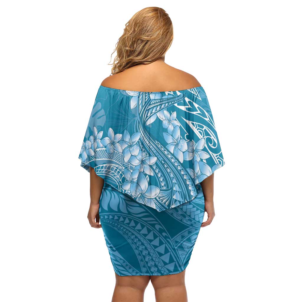 Blue Polynesia Hammerhead Shark Tattoo With Plumeria Lei Off Shoulder Short Dress