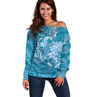 Blue Polynesia Hammerhead Shark Tattoo With Plumeria Lei Off Shoulder Sweater
