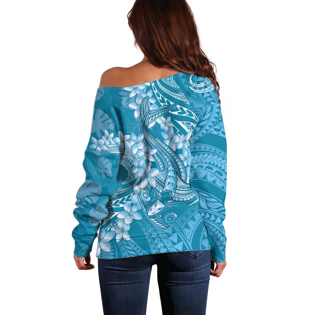 Blue Polynesia Hammerhead Shark Tattoo With Plumeria Lei Off Shoulder Sweater
