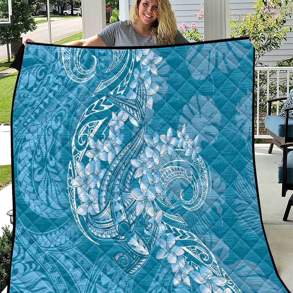 Blue Polynesia Hammerhead Shark Tattoo With Plumeria Lei Quilt