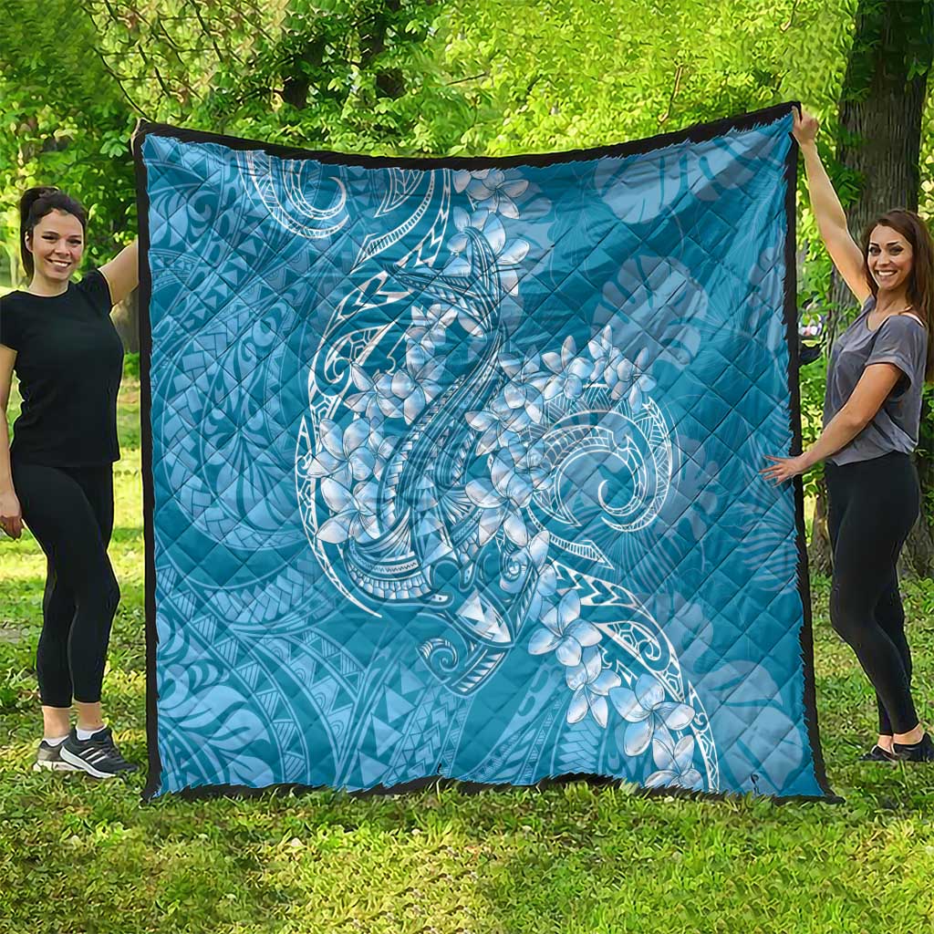 Blue Polynesia Hammerhead Shark Tattoo With Plumeria Lei Quilt