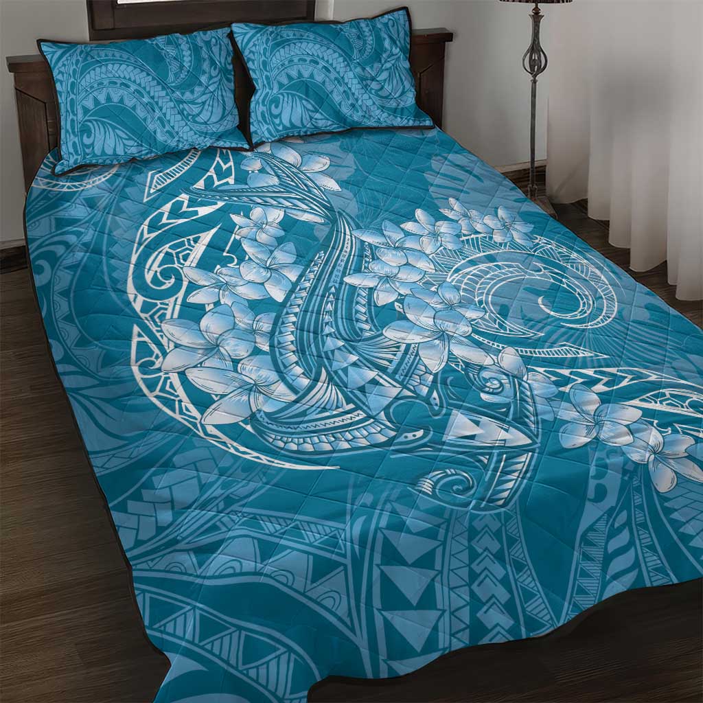 Blue Polynesia Hammerhead Shark Tattoo With Plumeria Lei Quilt Bed Set LT14 Blue - Polynesian Pride
