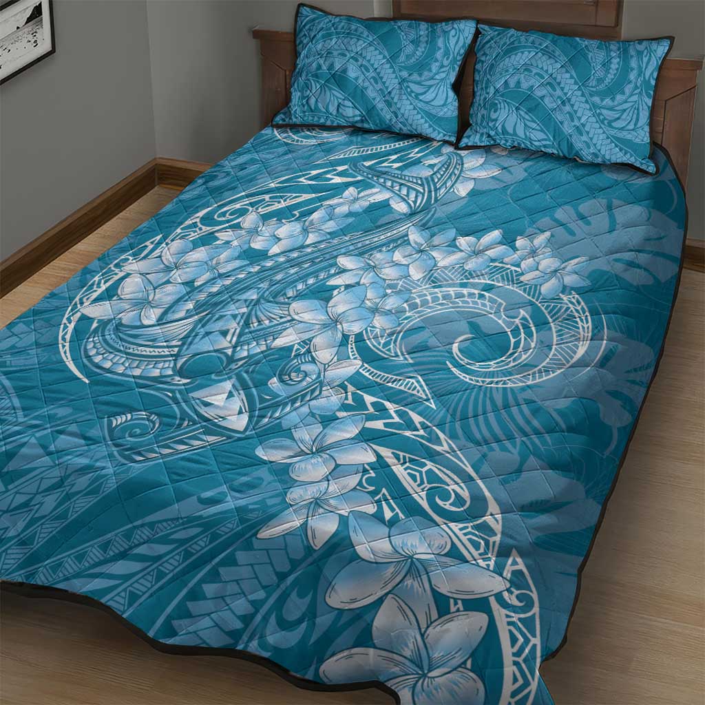 Blue Polynesia Hammerhead Shark Tattoo With Plumeria Lei Quilt Bed Set LT14 - Polynesian Pride