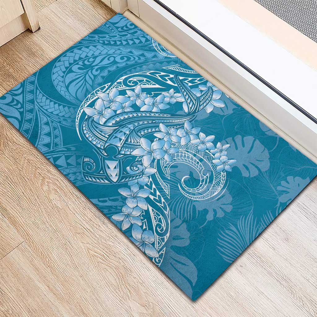 Blue Polynesia Hammerhead Shark Tattoo With Plumeria Lei Rubber Doormat LT14 - Polynesian Pride