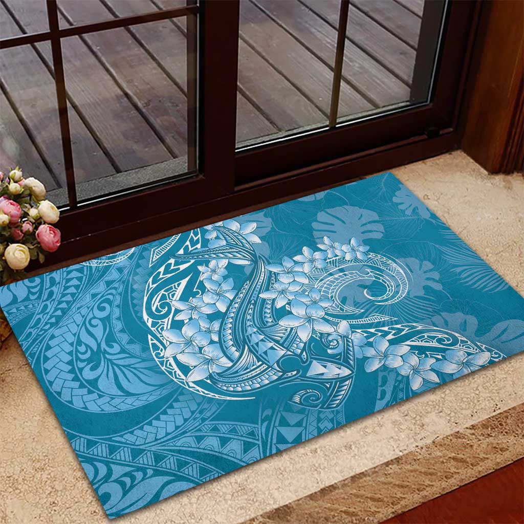 Blue Polynesia Hammerhead Shark Tattoo With Plumeria Lei Rubber Doormat LT14 - Polynesian Pride