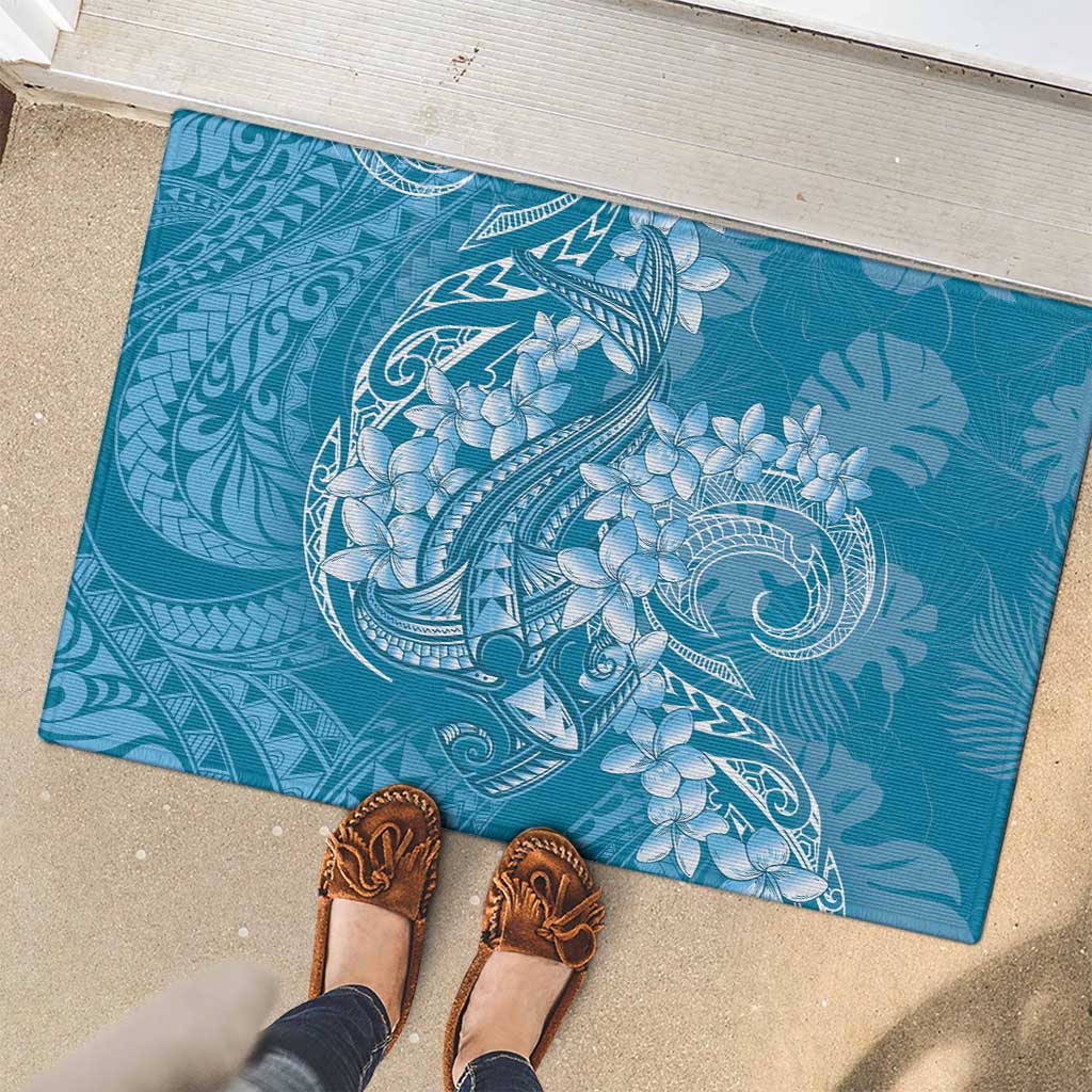 Blue Polynesia Hammerhead Shark Tattoo With Plumeria Lei Rubber Doormat LT14 - Polynesian Pride