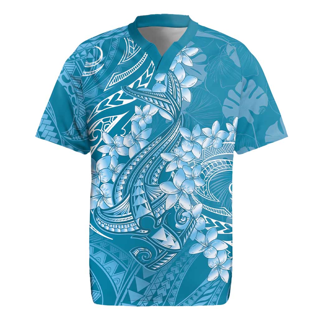 Blue Polynesia Hammerhead Shark Tattoo With Plumeria Lei Rugby Jersey
