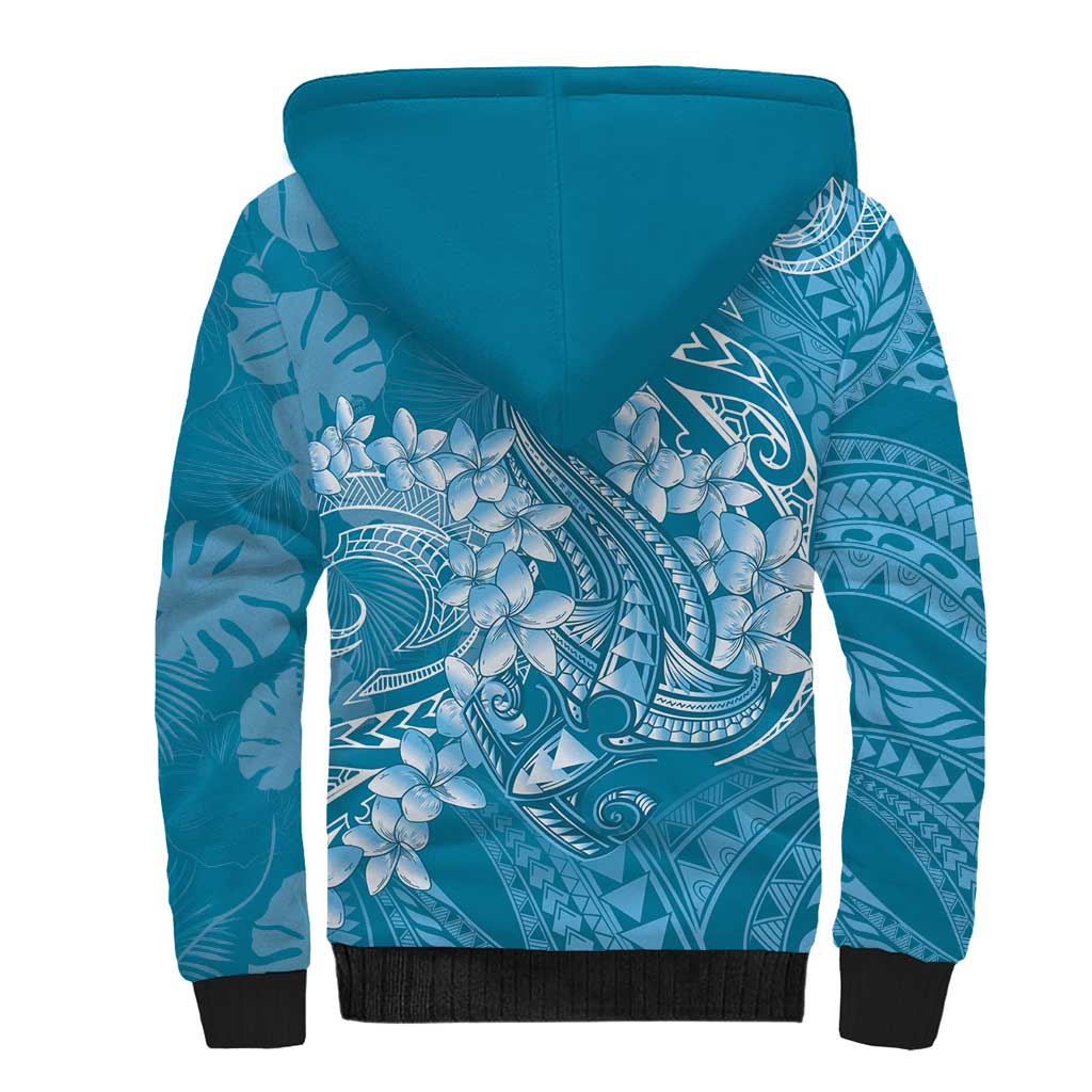 Blue Polynesia Hammerhead Shark Tattoo With Plumeria Lei Sherpa Hoodie LT14 - Polynesian Pride