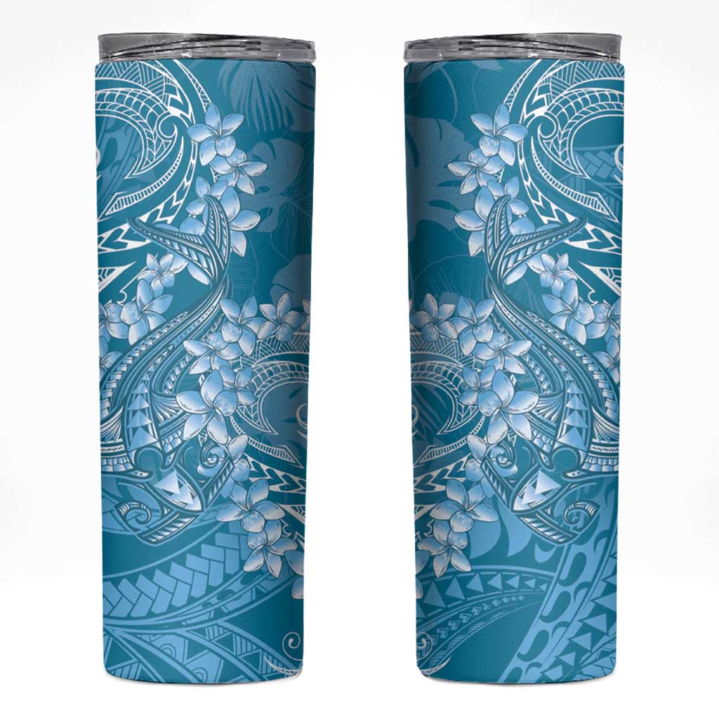 Blue Polynesia Hammerhead Shark Tattoo With Plumeria Lei Skinny Tumbler