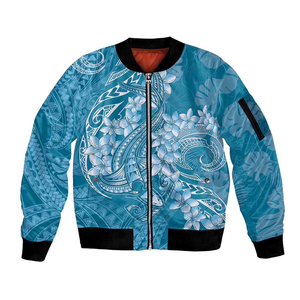 Blue Polynesia Hammerhead Shark Tattoo With Plumeria Lei Sleeve Zip Bomber Jacket