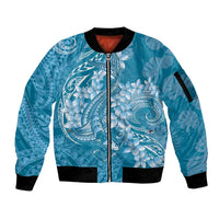 Blue Polynesia Hammerhead Shark Tattoo With Plumeria Lei Sleeve Zip Bomber Jacket
