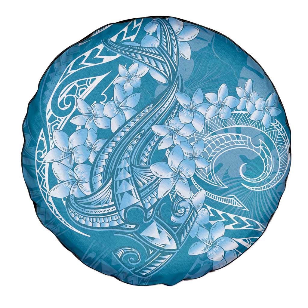 Blue Polynesia Hammerhead Shark Tattoo With Plumeria Lei Spare Tire Cover LT14 - Polynesian Pride