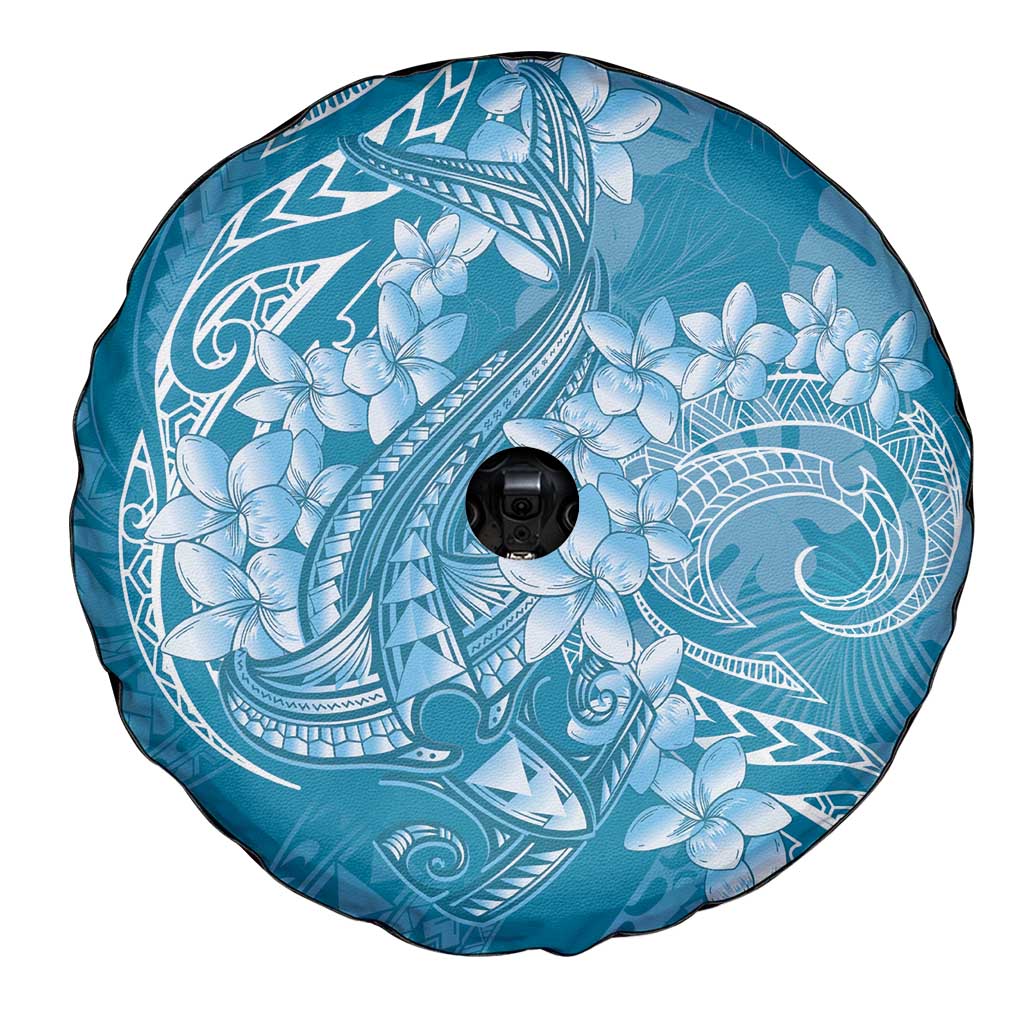 Blue Polynesia Hammerhead Shark Tattoo With Plumeria Lei Spare Tire Cover LT14 - Polynesian Pride