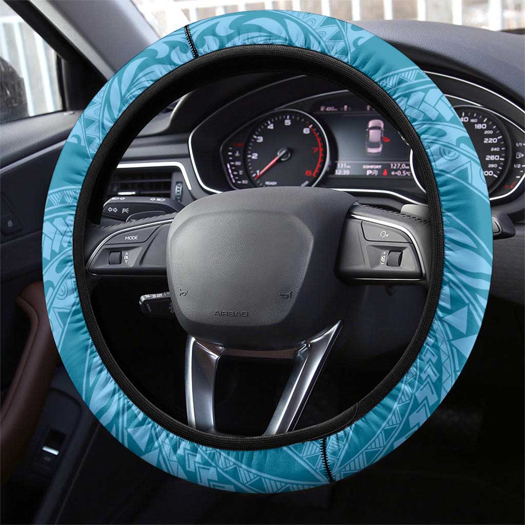 Blue Polynesia Hammerhead Shark Tattoo With Plumeria Lei Steering Wheel Cover LT14 - Polynesian Pride