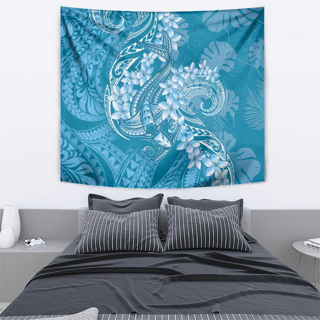 Blue Polynesia Hammerhead Shark Tattoo With Plumeria Lei Tapestry