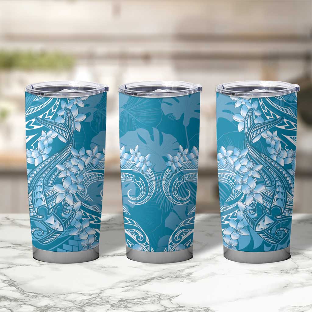 Blue Polynesia Hammerhead Shark Tattoo With Plumeria Lei Tumbler Cup