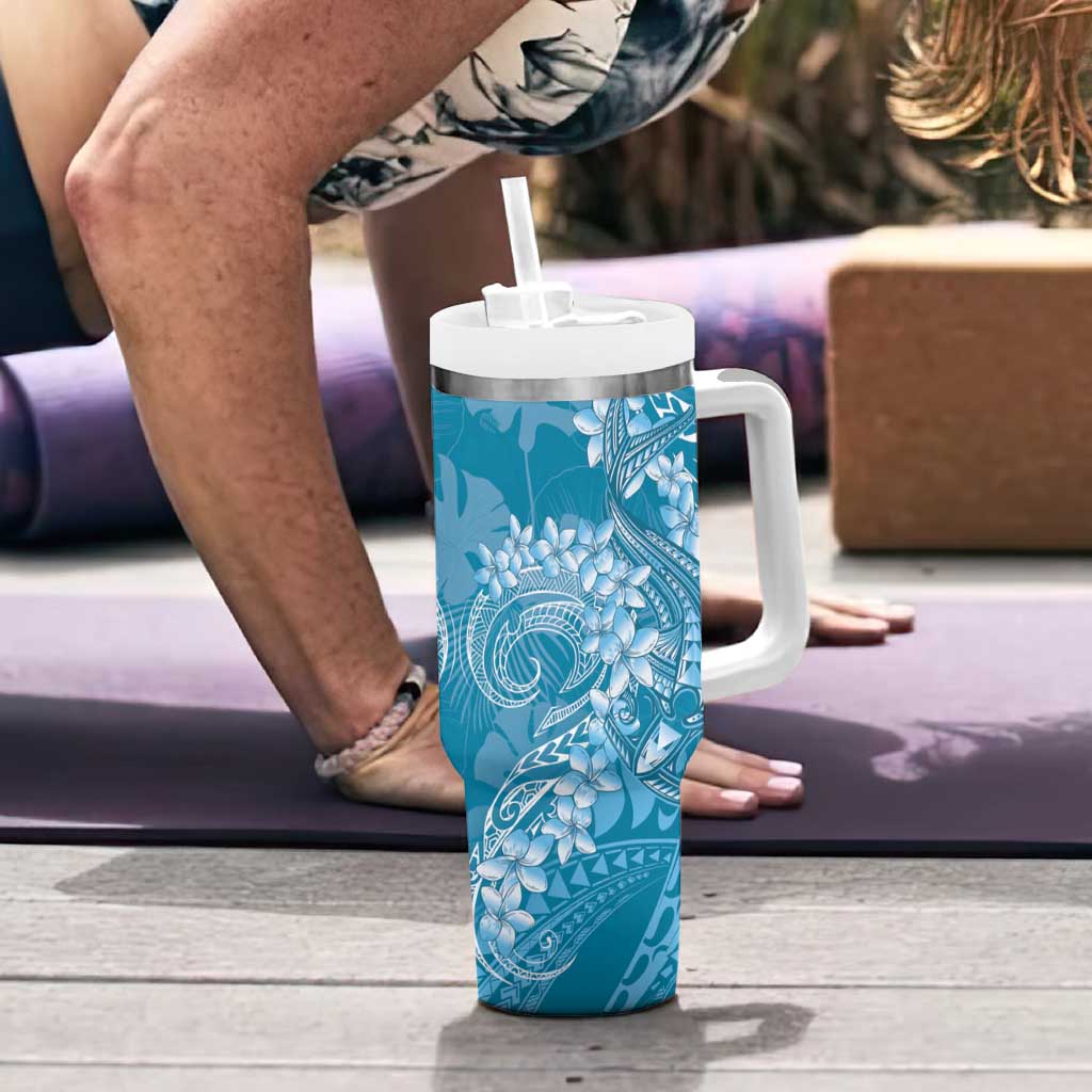 Blue Polynesia Hammerhead Shark Tattoo With Plumeria Lei Tumbler With Handle
