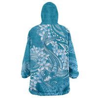 Blue Polynesia Hammerhead Shark Tattoo With Plumeria Lei Wearable Blanket Hoodie LT14 - Polynesian Pride