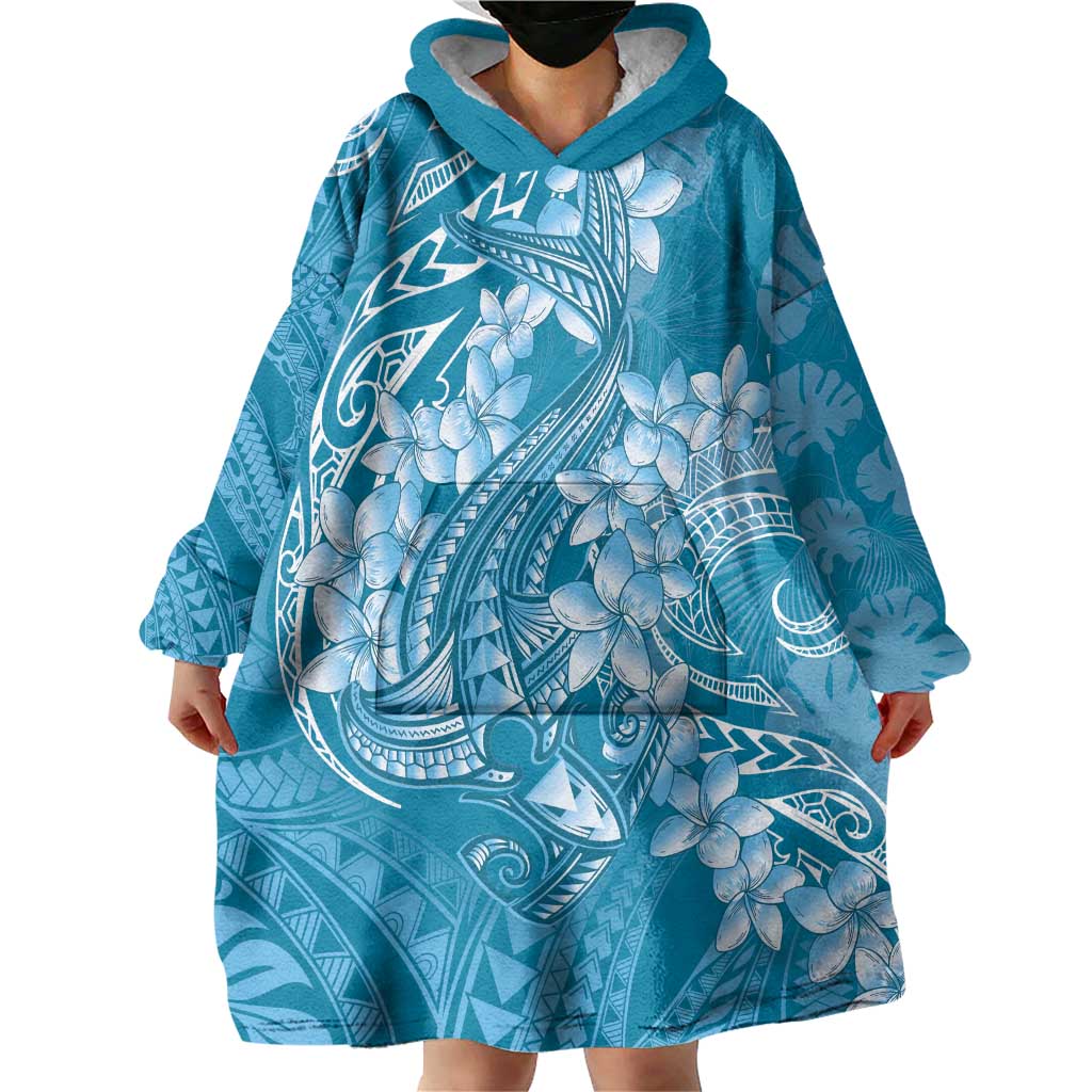Blue Polynesia Hammerhead Shark Tattoo With Plumeria Lei Wearable Blanket Hoodie LT14 - Polynesian Pride