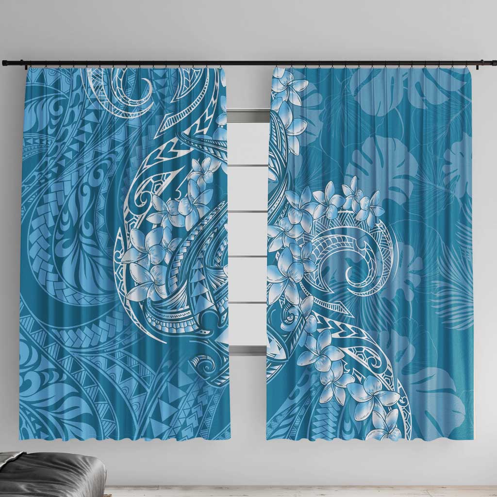 Blue Polynesia Hammerhead Shark Tattoo With Plumeria Lei Window Curtain LT14 With Hooks Blue - Polynesian Pride