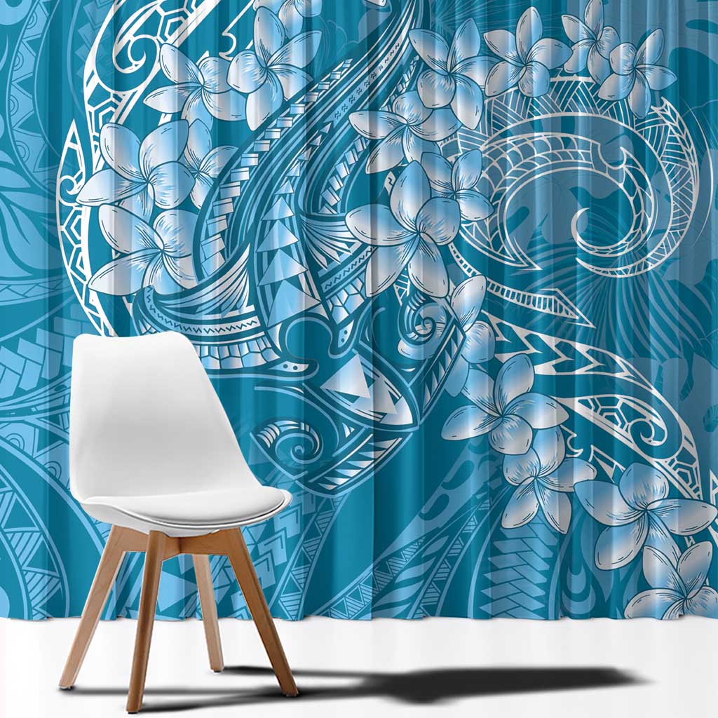 Blue Polynesia Hammerhead Shark Tattoo With Plumeria Lei Window Curtain LT14 - Polynesian Pride