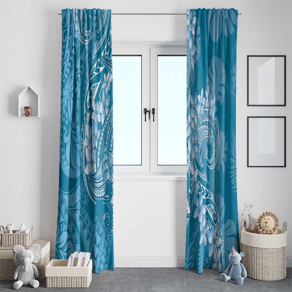 Blue Polynesia Hammerhead Shark Tattoo With Plumeria Lei Window Curtain LT14 - Polynesian Pride