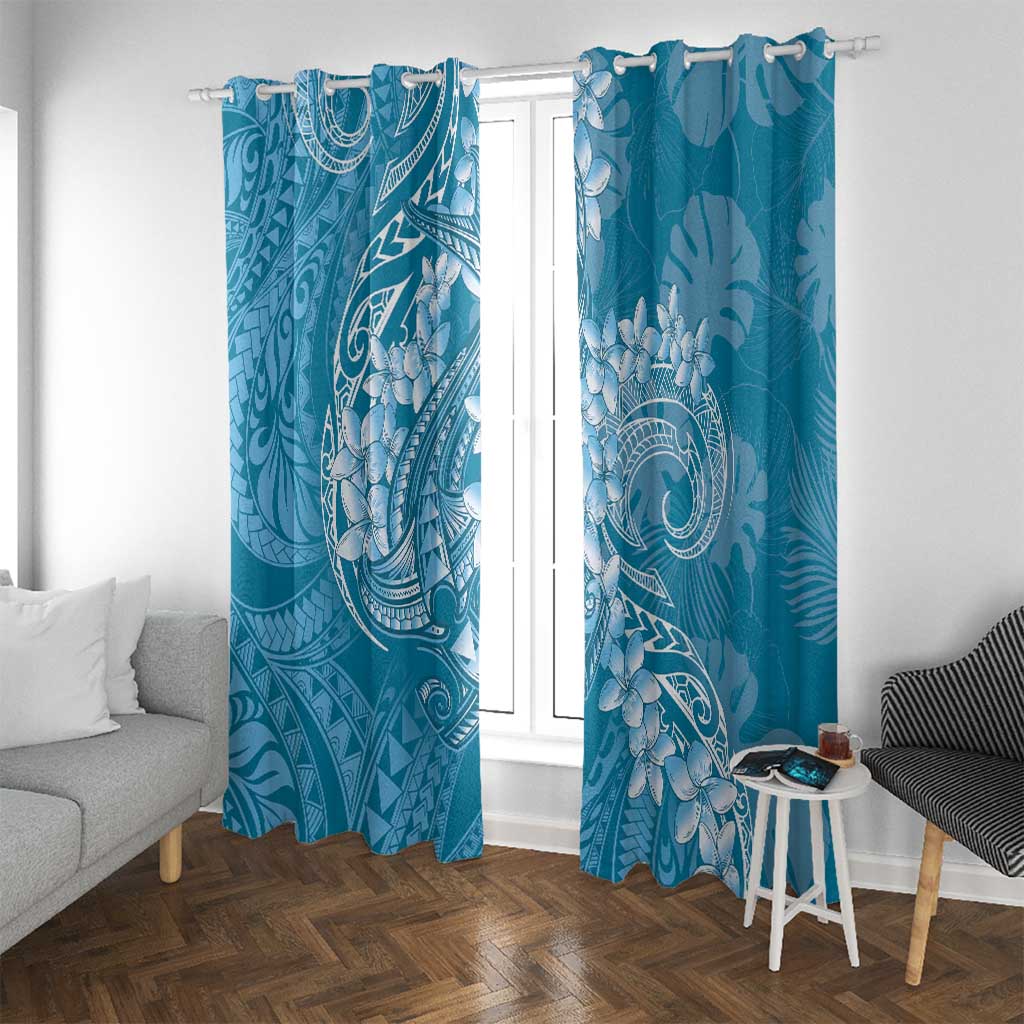 Blue Polynesia Hammerhead Shark Tattoo With Plumeria Lei Window Curtain LT14 With Grommets Blue - Polynesian Pride
